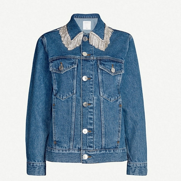 denim jacket with rhinestone sleeve fringe